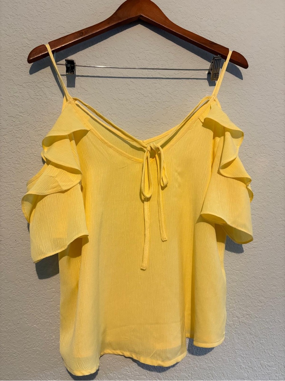 mine Yellow Cold-Shoulder Ruffle Tie-Neck Blouse